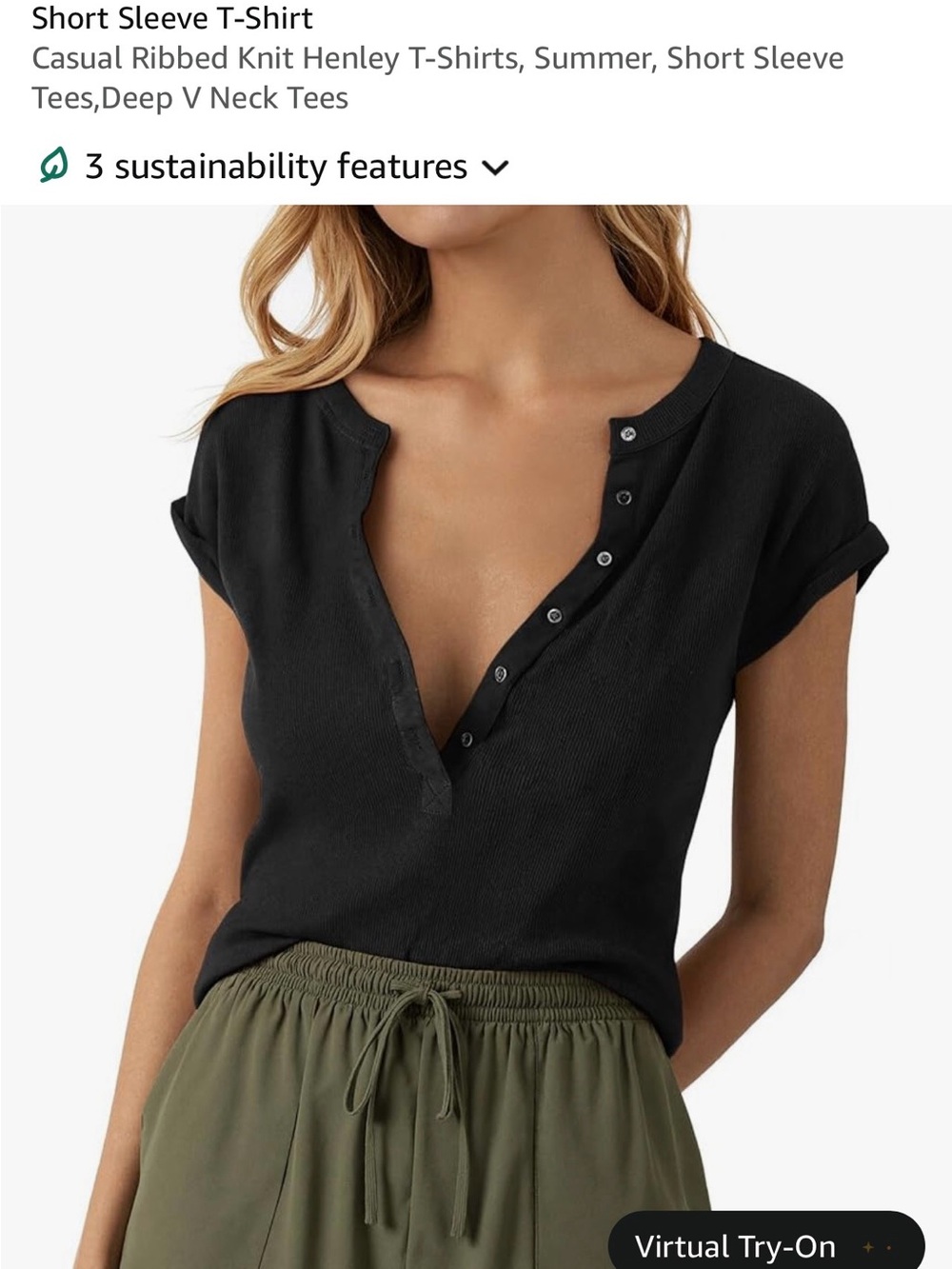 Casual Ribbed Henley Short Sleeve Top - Black